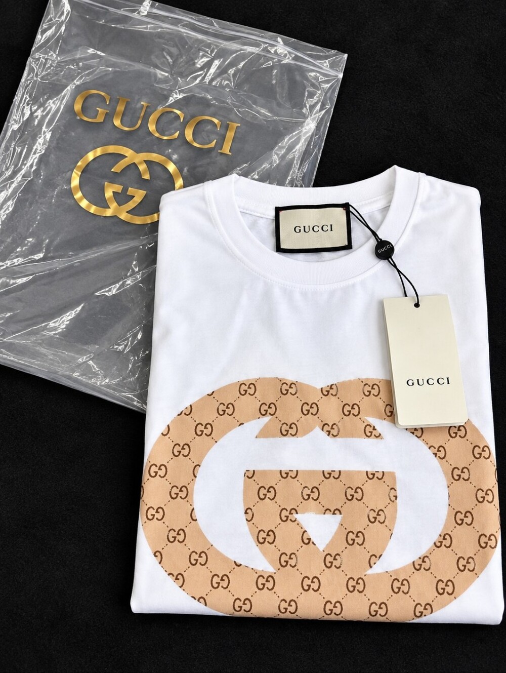 Gucci White Logo Graphic Tee with Beige Monogram